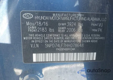 2017 Hyundai Elantra Se from USA, damaged, VIN 5NPD74LF7HH078648